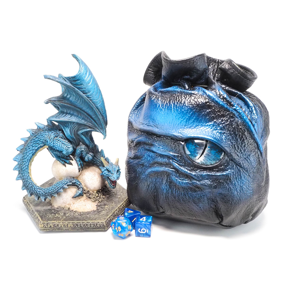black leather dragon eye dice bag in shades of light blue and silver