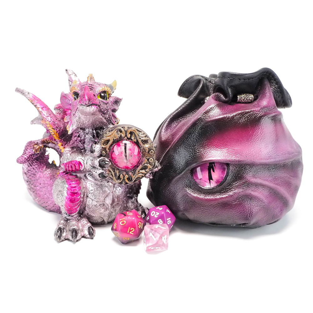black leather dragon eye dice bag in shades of pink and purple