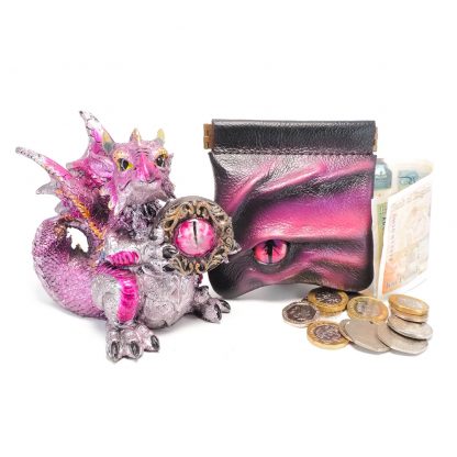 Black leather dragon eye coin purse in shades of fuchsia with bronze snap