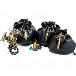 black leather dice bags with bronze sword charm in 3 sizes