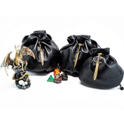 black leather dice bags with bronze sword charm in 3 sizes