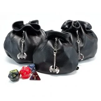 black leather dice bags with silver battleaxe charm in 3 sizes