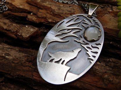 Silver and moonstone fantasy wolf pendant Lukas Craft