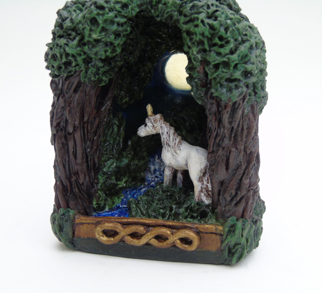 hand sculpted unicorn forest scene diorama